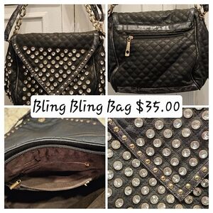 Black Quilted Women's Bag with Rhinestone Accents